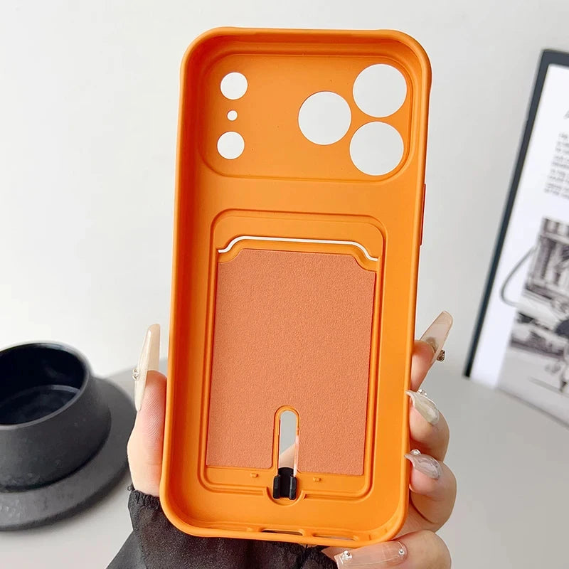Fine hole sliding card holder silicone phone case for iPhone 17 17E 16E 16 15 14 13 12 11 Pro Max Air Mini shockproof soft Cover