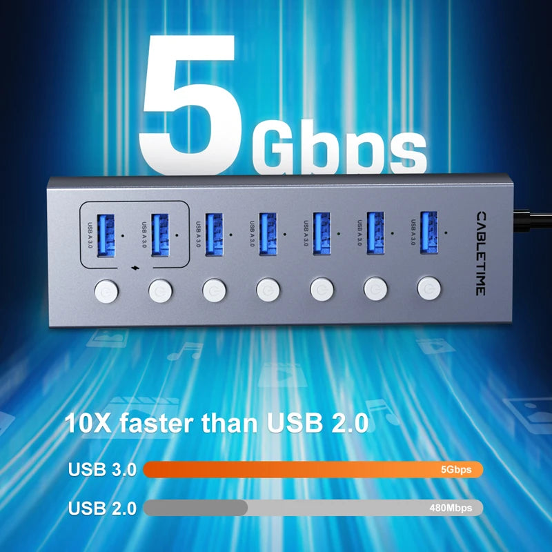 CABLETIME USB 3.0 HUB 5Gbps Dock Station 7-Port USB3.0 Splitter with Individual OFF/ON Switch for PC Laptop USB Ports Extender