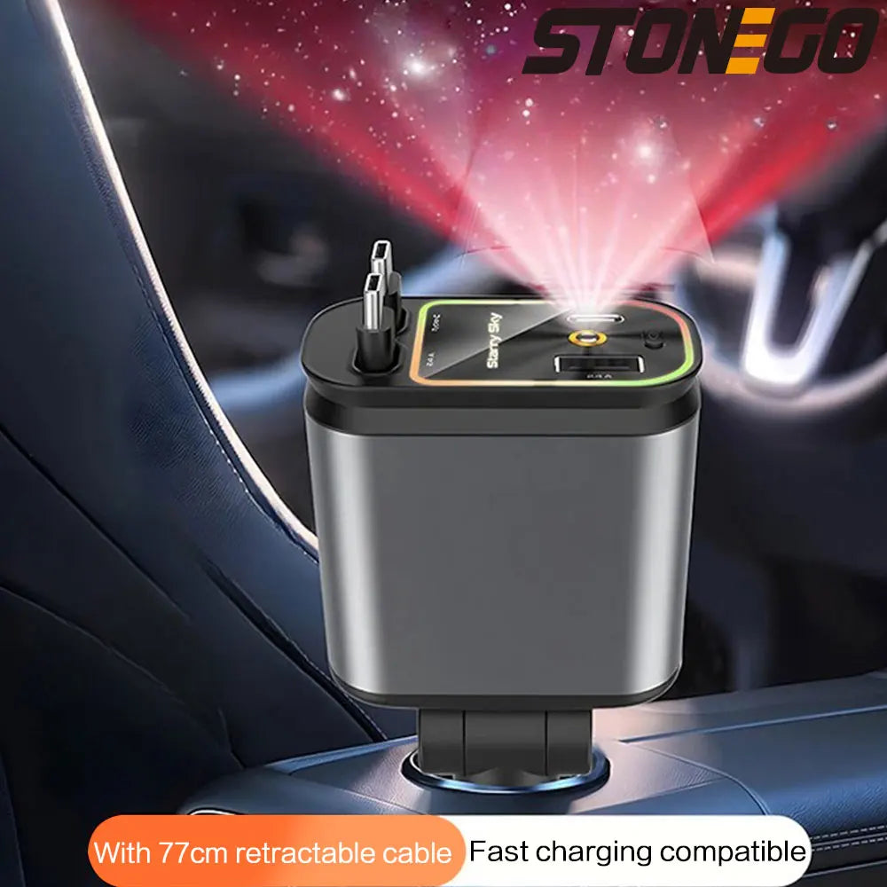 4 in 1 Retractable Car Charger Fast Charging Car Charger  with USB Type-C Cable & 2 Type C Charging Ports, Universal Car Charger