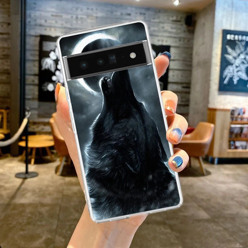 Phone Case Cover for Google Pixel 10 9 8 7 6 5 4 4XL Soft TPU 7A 6A 5A 4A 3A Pro XL 5G Transparent Shell Moon Roaring Wolf Capas