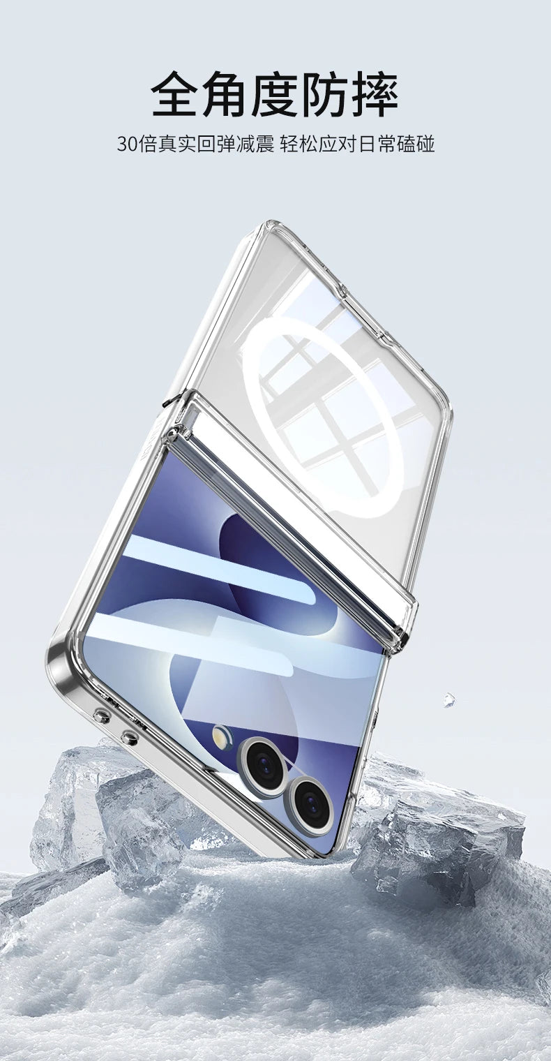For Samsung Galaxy Z Flip 8 Case Transparent Magnetic Wireless Charging Hinge With Mirror Film Shockproof Back Cover Accessories