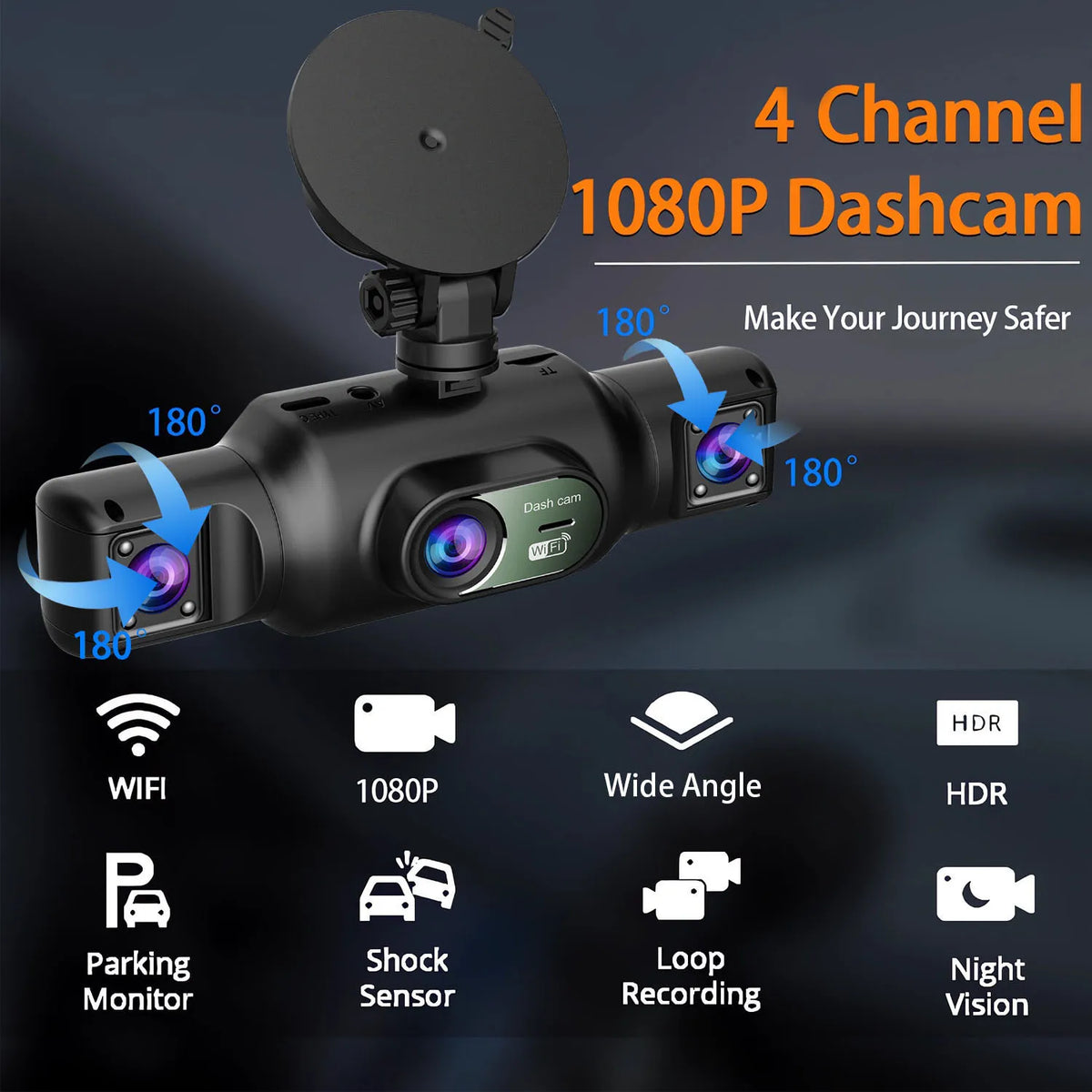 4Ch WiFi Dashcam car camera Black Box Driving DVR FHD 1080P Front Left Right Rear Night Vision Loop Recording Black Box
