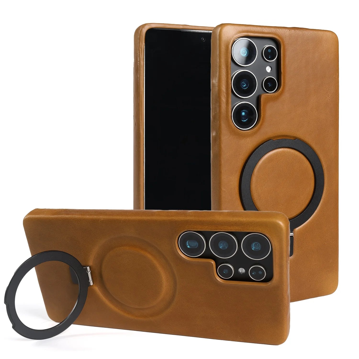 Luxury Magnetic Ring Genuine Leather Case For Samsung Galaxy S25 Ultra S24 S25edg S23 S22 S21 S20 S23 Stand Bracket Phone Cases