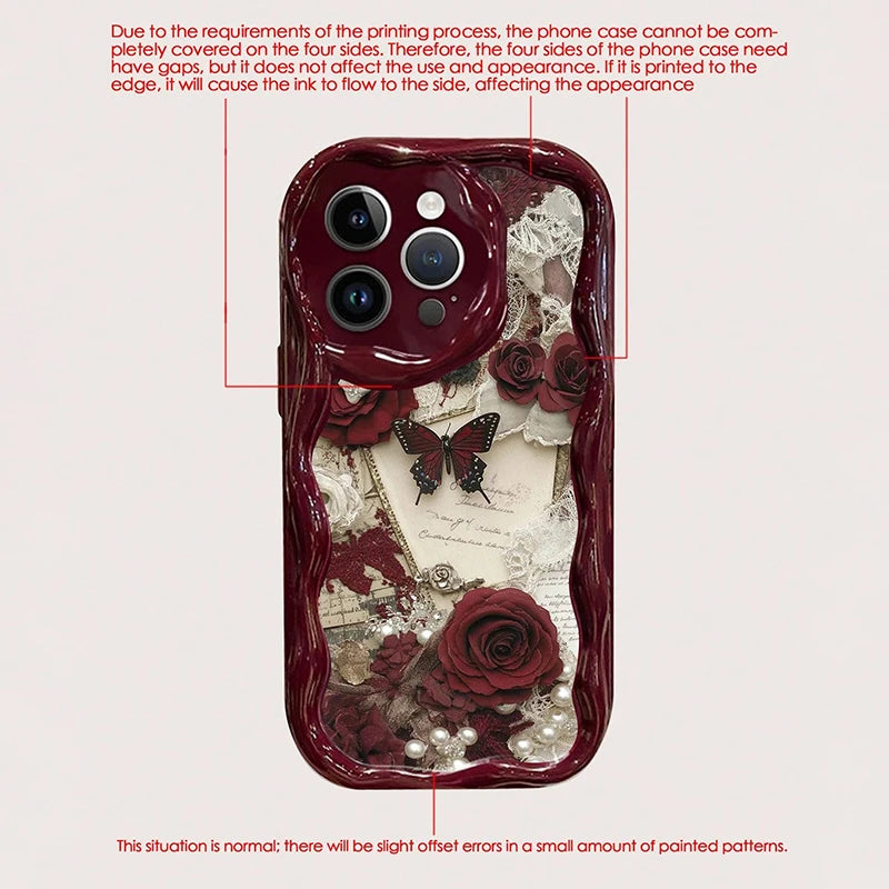 Butterfly Painted Flat Printing Wine Red Cream Texture Soft Phone Case For iPhone 17 16 15 14 13 12 11 Pro Max 16 Plus 17e Cover