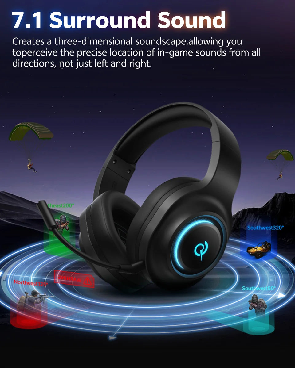 QCY Heroad V200 Gaming Headset with Mic Tri-Mode RGB Over Ear Headphones 7.1 Surround Sound 50mm Drivers for PC Headset Gamer