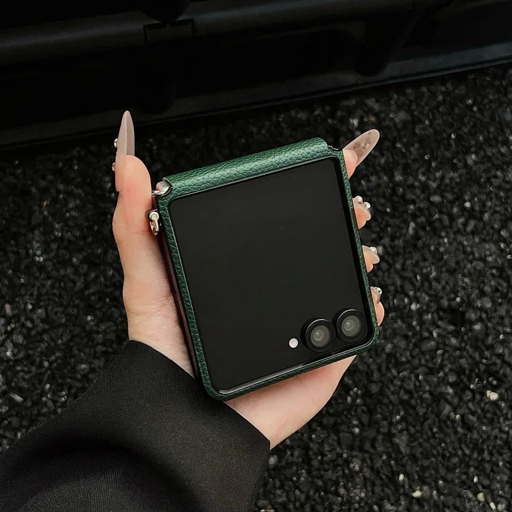 Original Lychee Pattern Leather for Magsafe Wireless Charging Case for Samsung Galaxy Z Flip 8 7 6 5 Strap Anti-drop Slim Cover