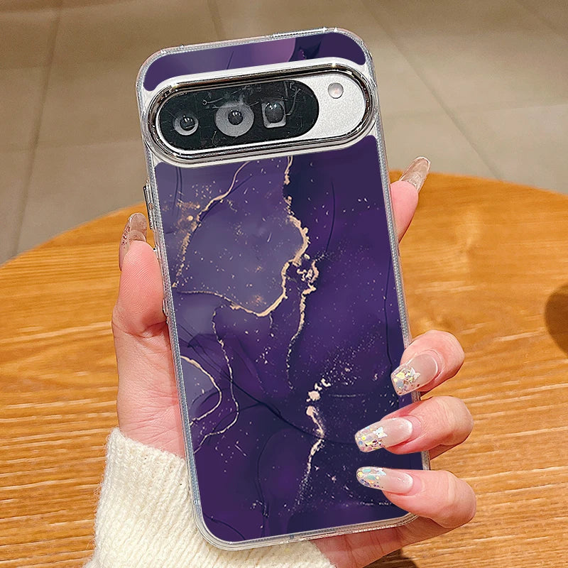 Colored Marble Print Phone Case For Google Pixel 10 9 Pro XL 10 9 8 7 Pro 9A 8A 7A Shockproof Plating Soft TPU Transparent Cover