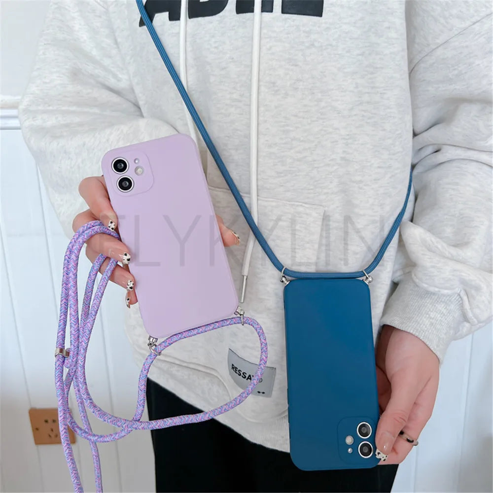 Crossbody Necklace Strap Lanyard Cord Phone Case For iPhone 13 12 MiNi 11 14 15 Pro X XR XS Max 6S 7 8 Plus Soft Silicone Cover
