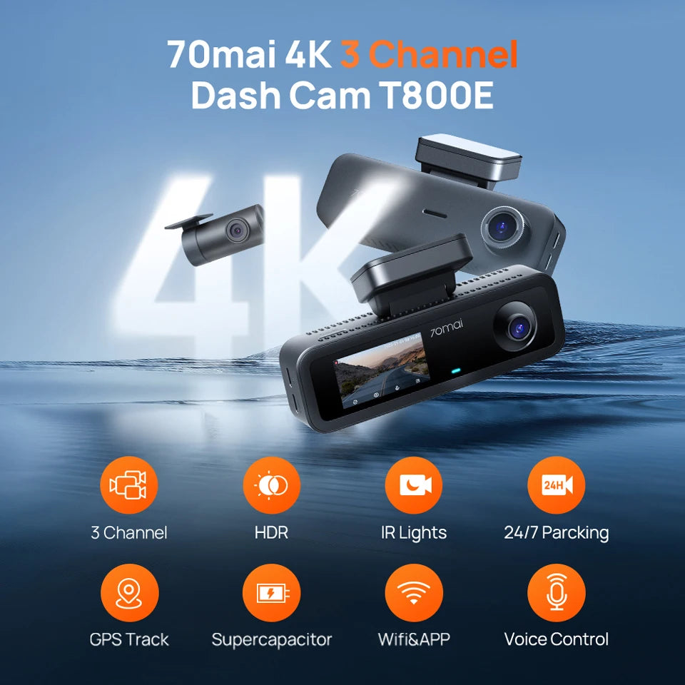 70mai T800E 3-Channel Dash Cam, 4K HDR f/1.55 Built-in GPS Voice Control, Supercapacitor 24H Parking Mode 3-in-1 Car Camera