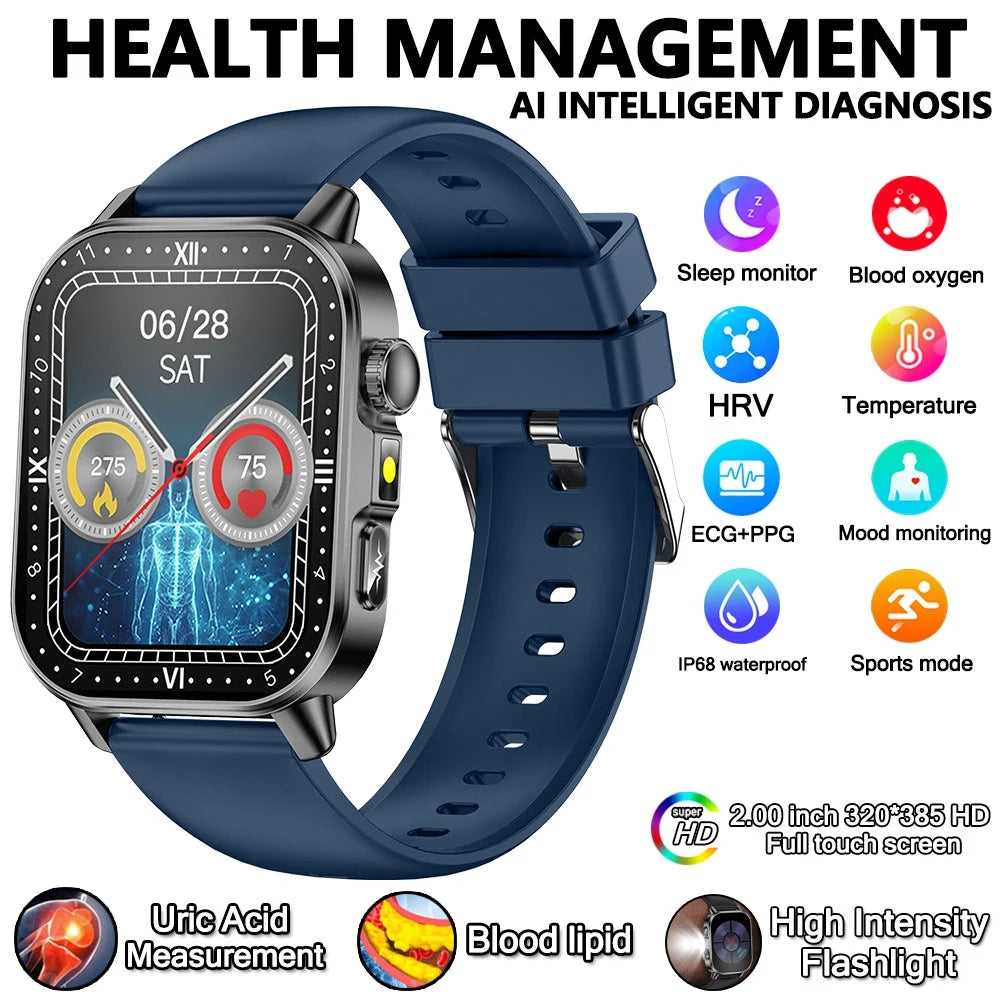 2026 New Model Uric Acid & Lipid Health Analysis Smart Watch Men ECG+PPG Bluetooth Call 2.01-inch Flashlight Smartwatch Women
