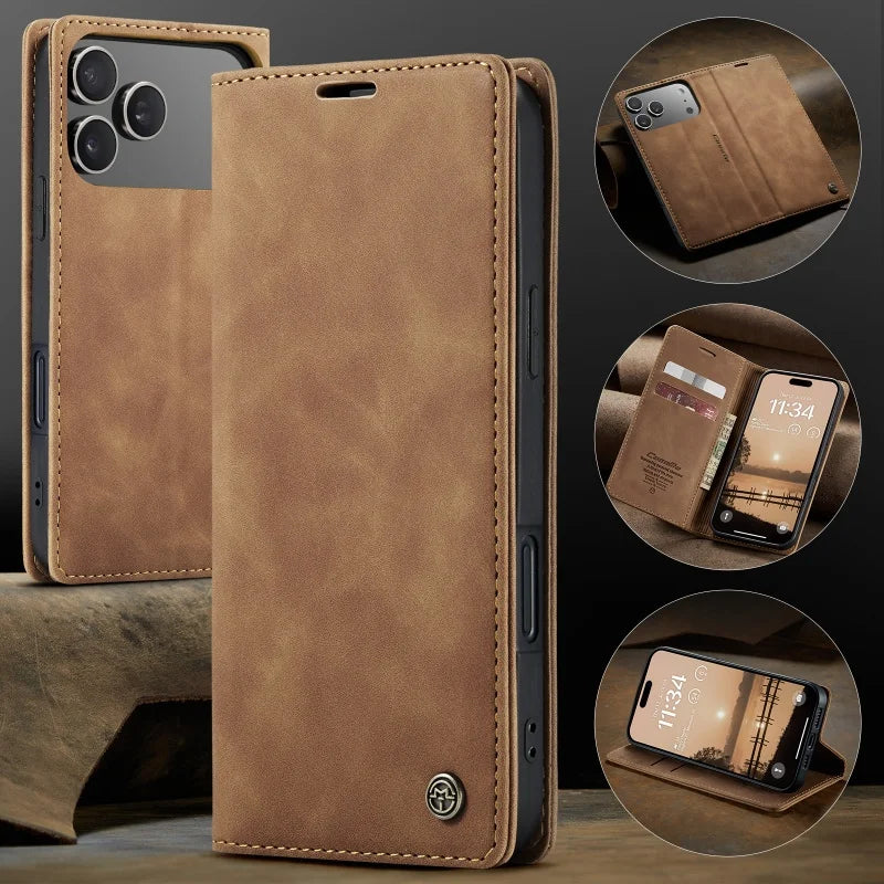 CaseMe Retro Magnetic Flip PU Leather Case for iPhone 17 Air 17 Pro 16 15 14 13 12 11 XS XR 8 7 6S 5 SE Wallet Cover Phone Coque