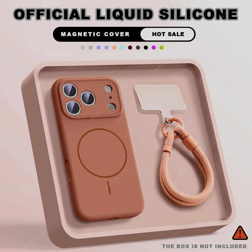 Magnetic Wrist Strap Liquid Silicone Phone Case For iPhone 11 12 13 16 17 Pro Max Air 15 14 16 Plus 16E Magsafe Lanyard Cover
