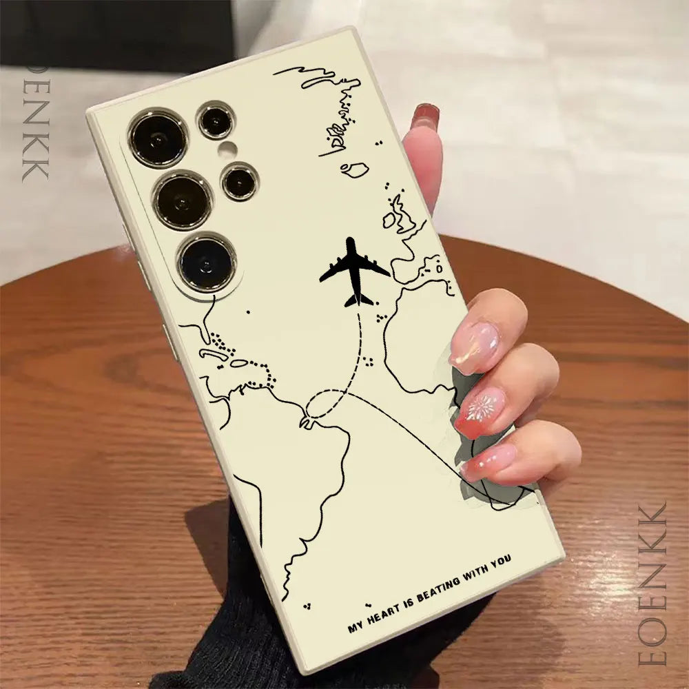 Silica gel Phone Case For Samsung Galaxy S25 S24 Ultra S23 S22 S21 S20 Ultra FE Plus Note 10 20 Lite Airplane Route Desian Cover