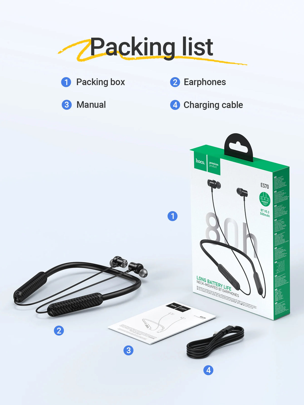 HOCO ES70 Neckband Headsets Bluetooth Wireless Headphones Outdoor Sport Earphones Portable Hifi Sounds Earbuds With Microphone