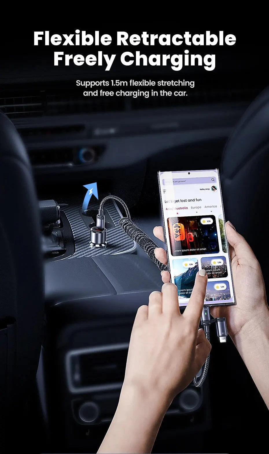 Toocki 2 in 1 PD 60W Type C Cable For iPhone 15 Pro Samsung S23 Xiaomi 2.4A Fast Charging USB Car Spring Cable For iPhone 14 13