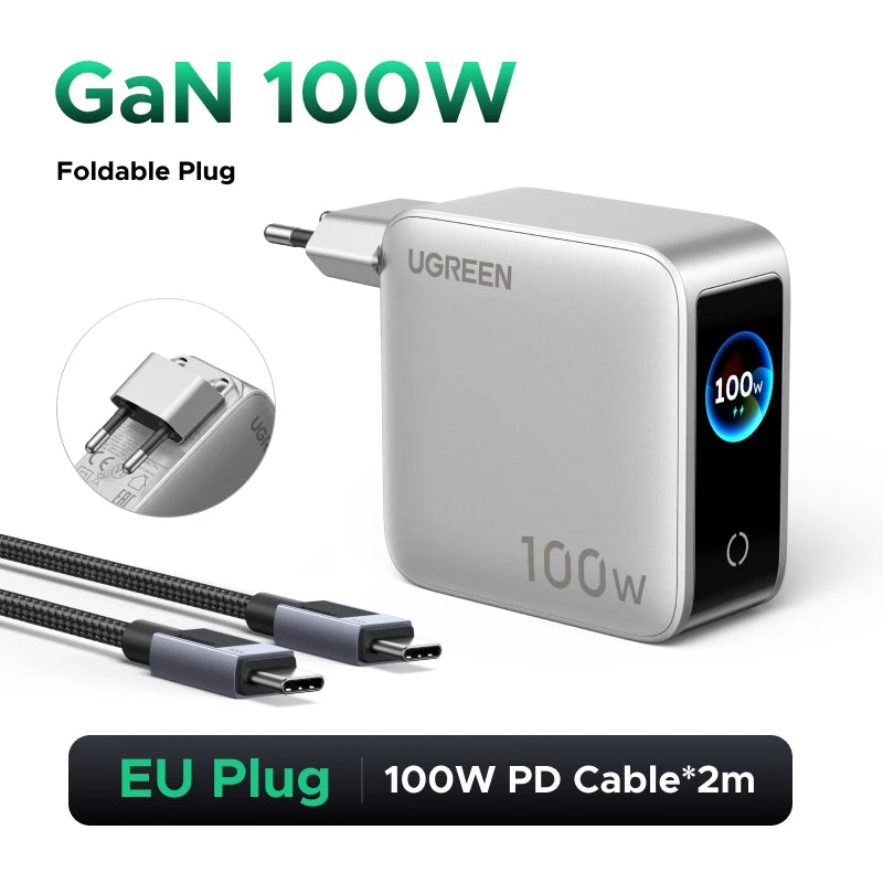 UGREEN 100W GaN Charger With Smart Display QC4.0 PD 3.0 USB C Charger For MacbookPro Laptop iPhone 17 16 Pro iPad Tablet Samsung