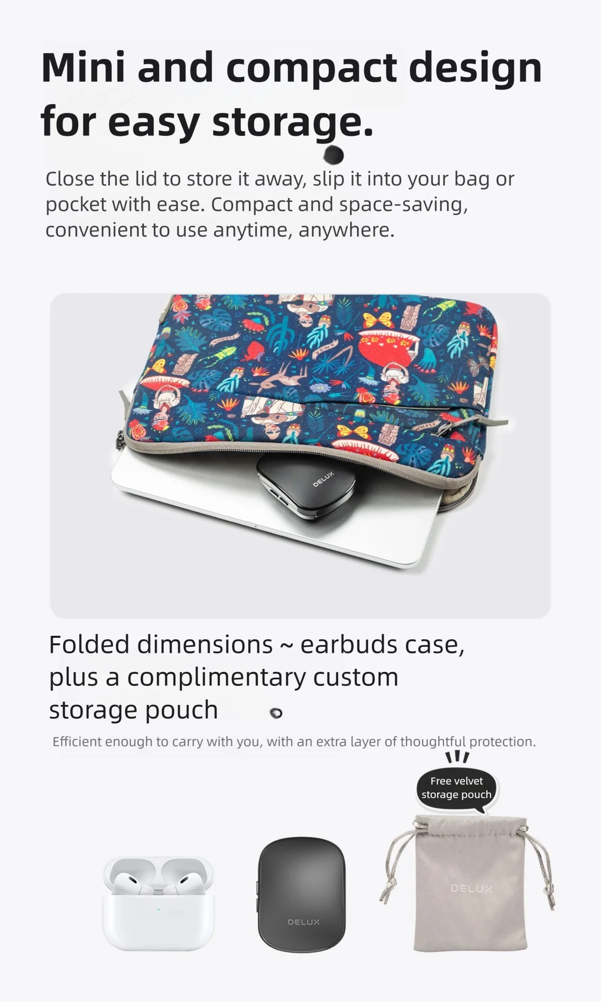 Delux Pocket Folding Mouse Wireless 2.4G Bluetooth5.2 Silent Click Portable Ultra-light 55g for MacBook Tablet Computer PC Mice
