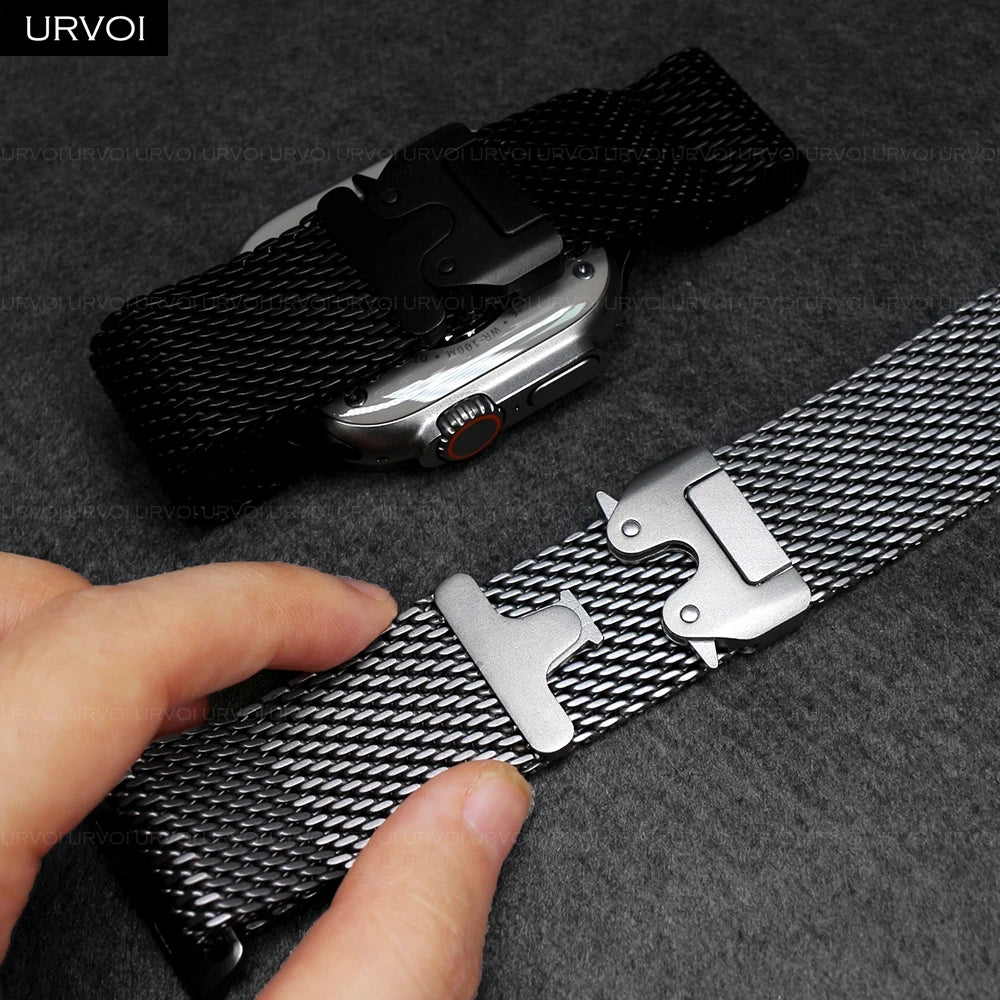 URVOI Band for Apple Watch Ultra 4 3 2 Series 12 11 10 SE3 Stainless Steel Mesh Strap for iWatch Secure Parachute Buckle 46 49mm