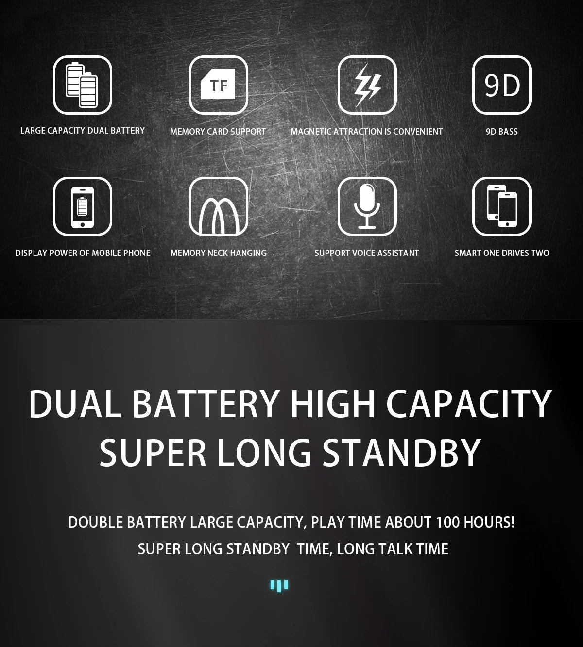 Neck-mounted TWS sports Bluetooth earphones with a metal casing, memory neckband, bendable and portable. Supports TF card playback for music. Dual battery design for ultra-long battery life. Supports simultaneous connection t