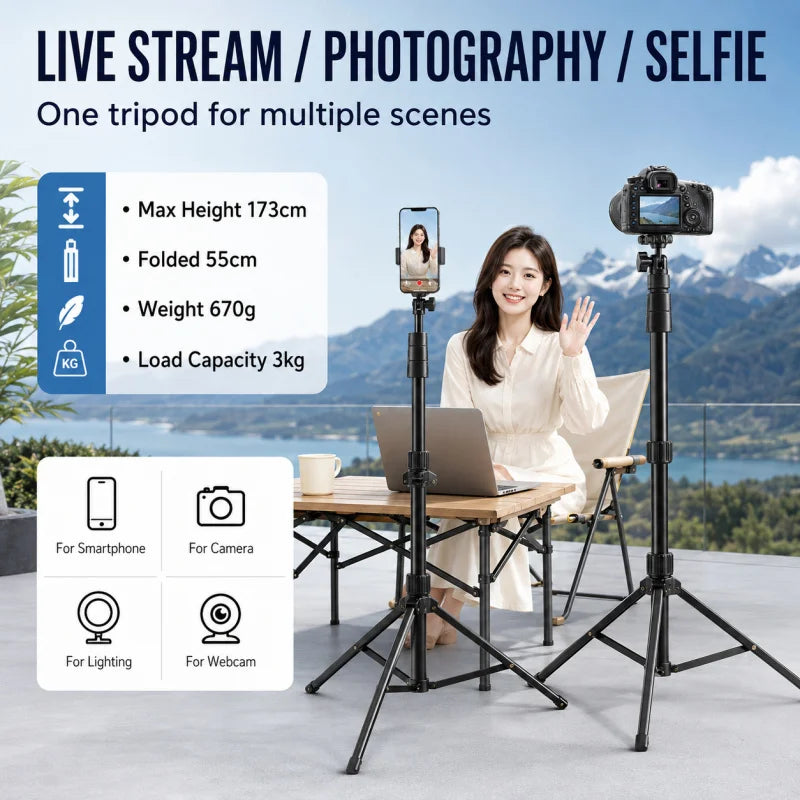 173cm Extendable Phone Tripod Stand, All-in-One Floor Selfie Stick for Live Streaming, Universal Mobile Holder, Stable Tri