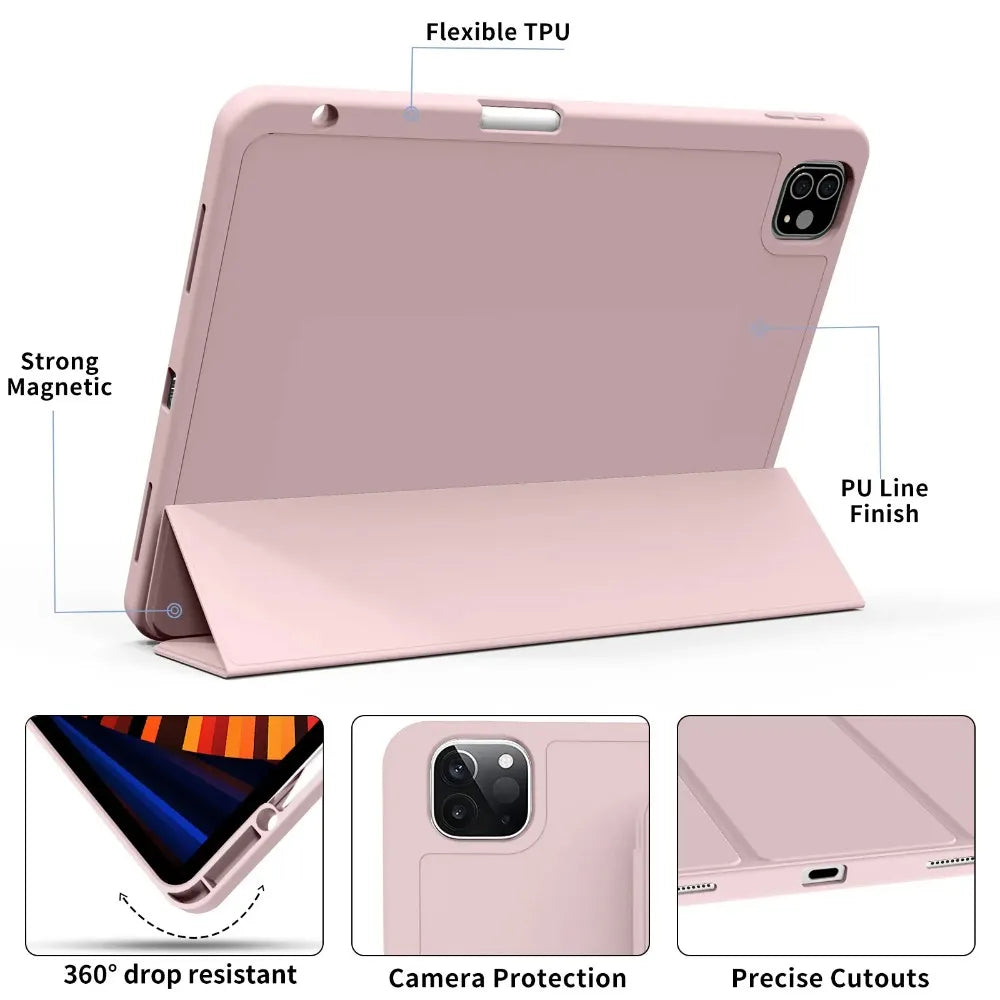 For iPad Pro 11 inch 4/3/2th Generation with Pen Slot Case,For iPad Pro 11-inch(M4)2024 Trifold Stand TPU Soft Back Tablet Cases