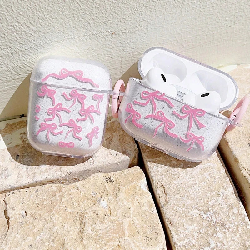 INS Korea Pink Bow Knot Headset Case For Airpods 4 Cover Shockproof For Airpod Pro 2nd 3 2 1 Charging Box Fundas With Keychain