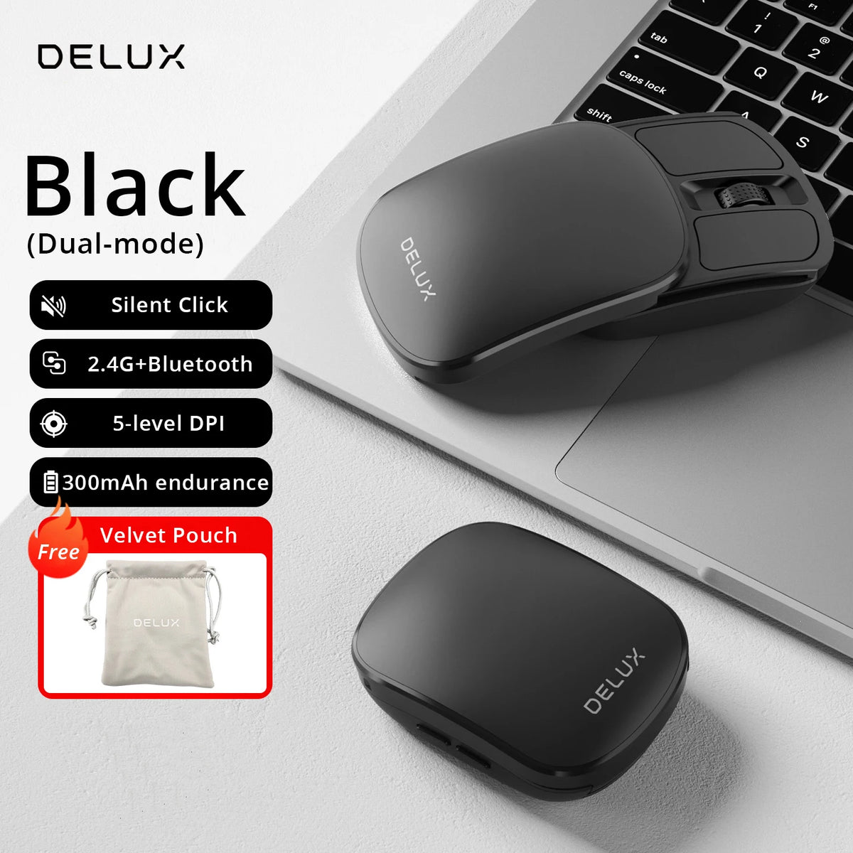 Delux Pocket Folding Mouse Wireless 2.4G Bluetooth5.2 Silent Click Portable Ultra-light 55g for MacBook Tablet Computer PC Mice