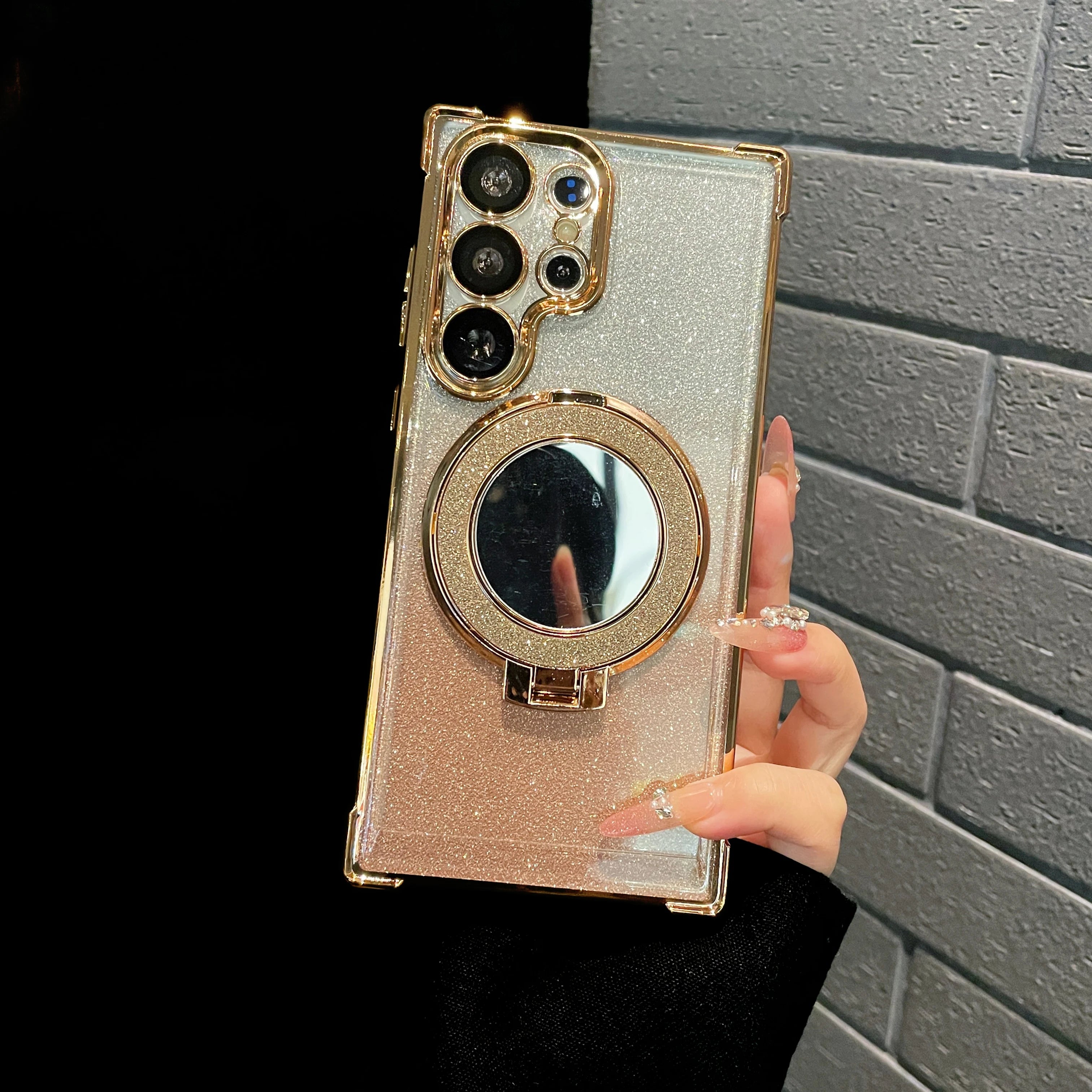 Glitter Magnetic Mirror Stand Holder Case For Samsung S24 S23 S22 S21 S20 Note 20 10 Ultra Plus FE For Magsafe Shockproof Cover