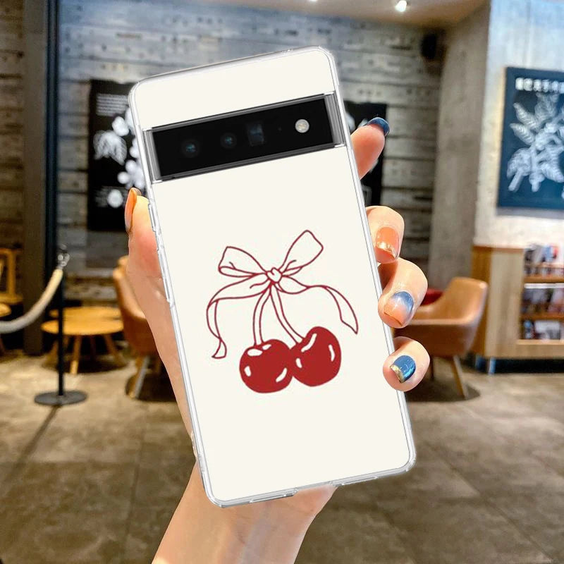 Cute Cherry Bow Phone Case For Google Pixel 9 8 7 6 Pro XL 8A 7A 6A 5 4 5A 4A 3A XL 5G soft Silicone Clear TPU Cover