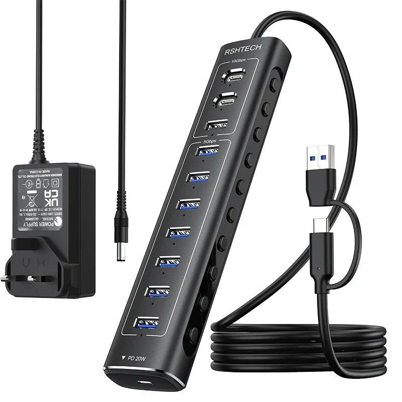 RSHTECH 60W USB 3.1 Hub 10Gbps for Laptop Macbook with 7 USB3.0 Port and 20W PD Aluminum USB Splitter Data Transfer Dock Station