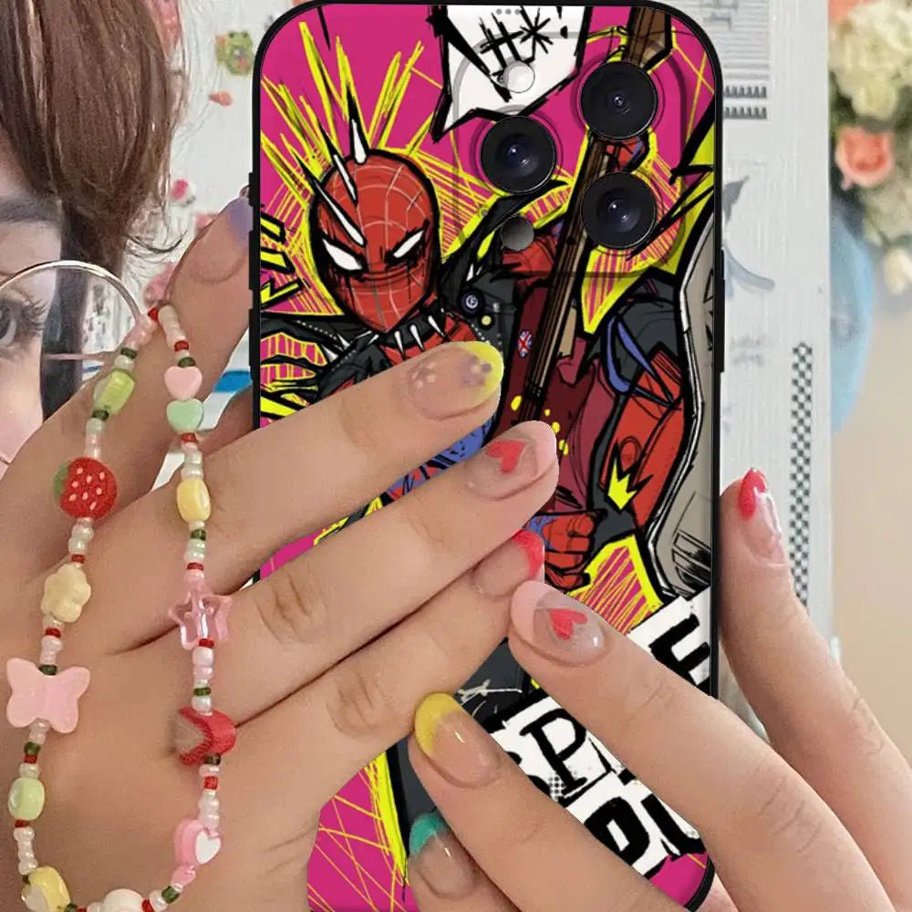S-Spiderman Punk Style Phone Case For IPhone 1716 15 14 13 Pro Max 11 12 Mini X Xs XR Black Silicone Cover