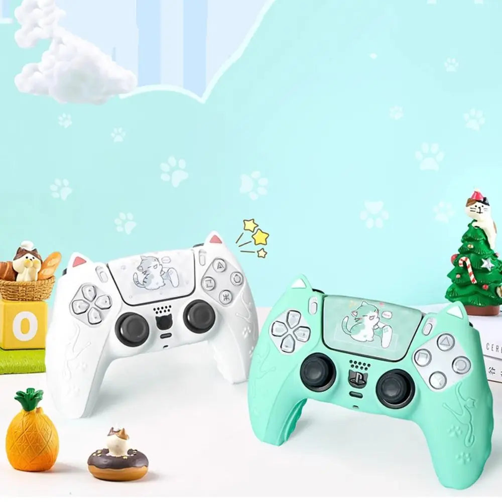 Silicone Controller Case Set Cat Paw with Sticker Controller Skin with Thumb Grip Caps Anti-slip Protective Shell Cover for PS5