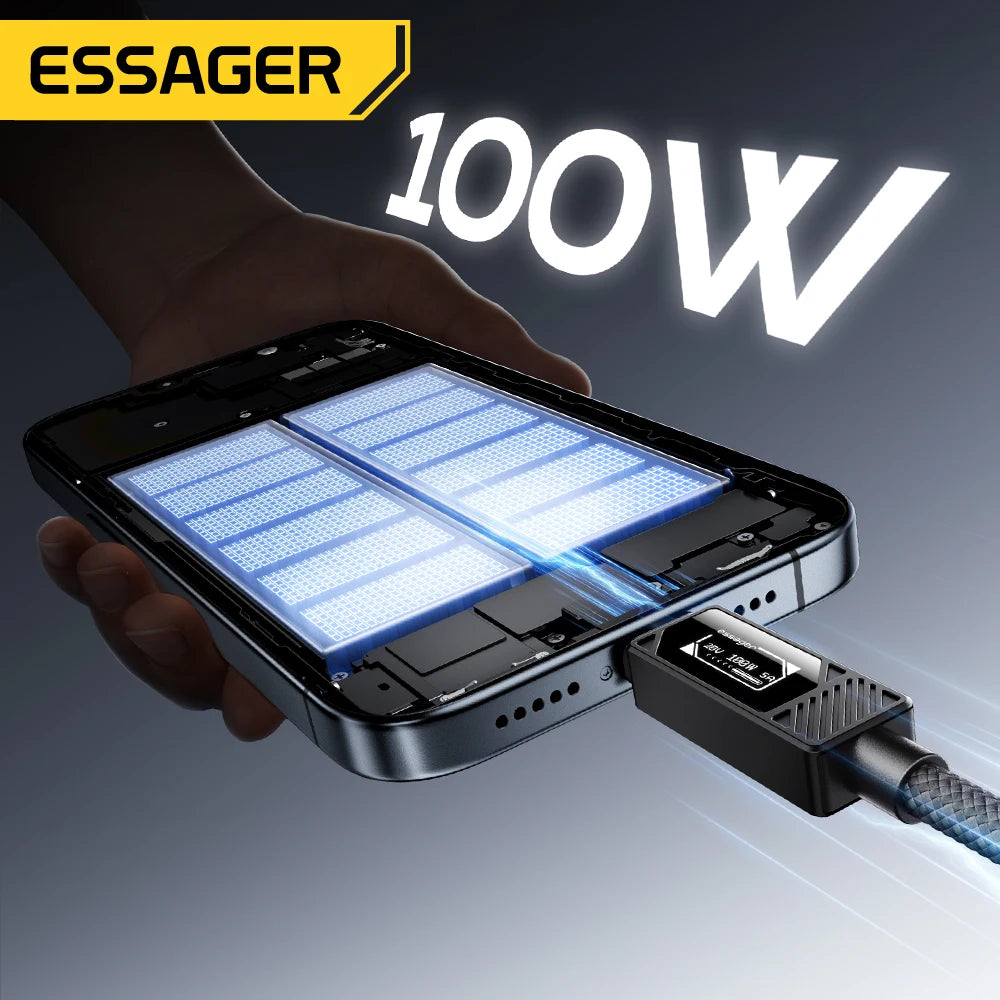 Essager 100W USB Type C Cable PD 5A Fast Charging Wire Cord For iPhone 16 15 14 Macbook iPad Samsung Huawei Digital Display Wire
