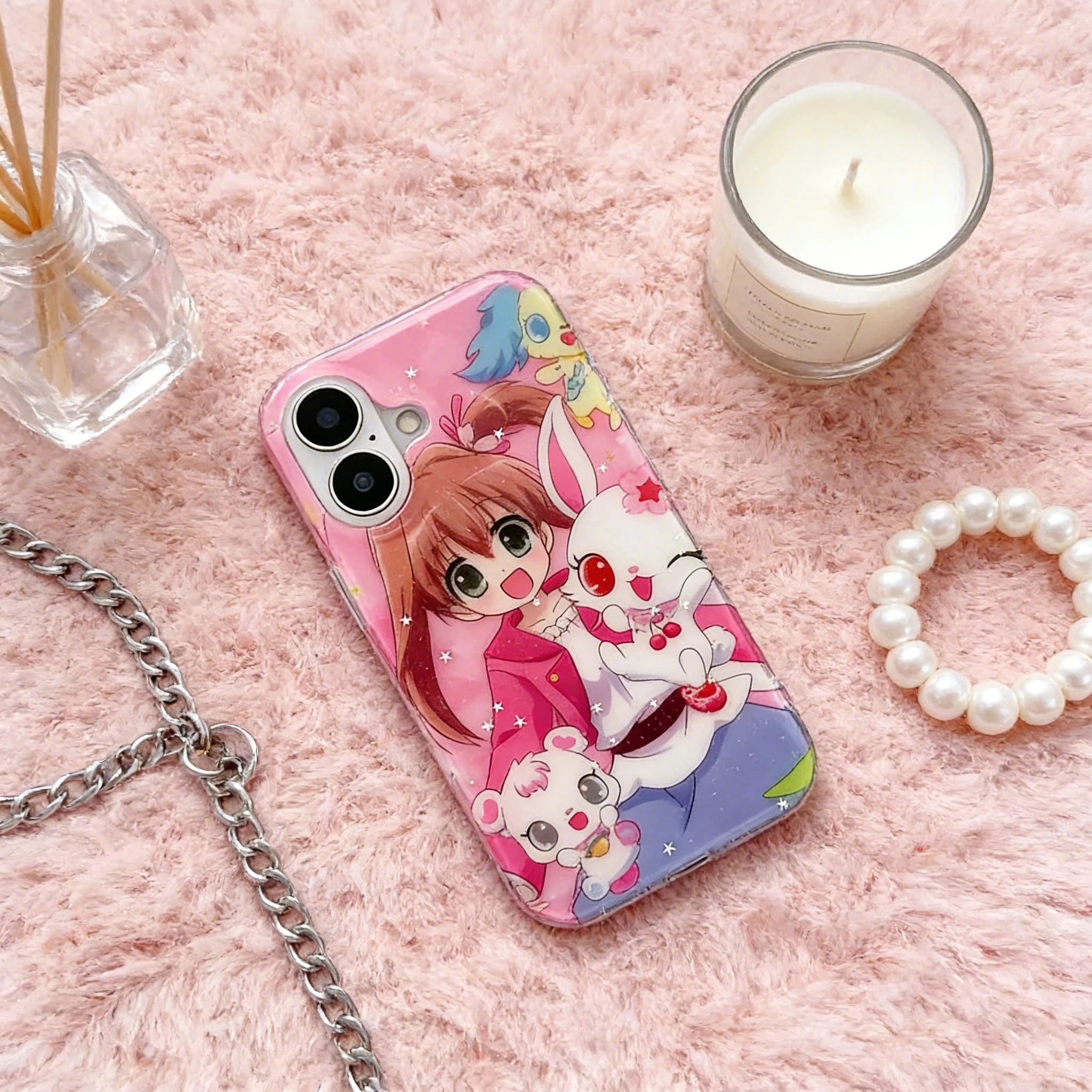 Japan Cartoon Rabbit Phone Case for iPhone 17 16e 16 15 14 13 12 11 Pro Max X Xs XR XSMax 8 7 6 Air Plus Feather Texture Cover