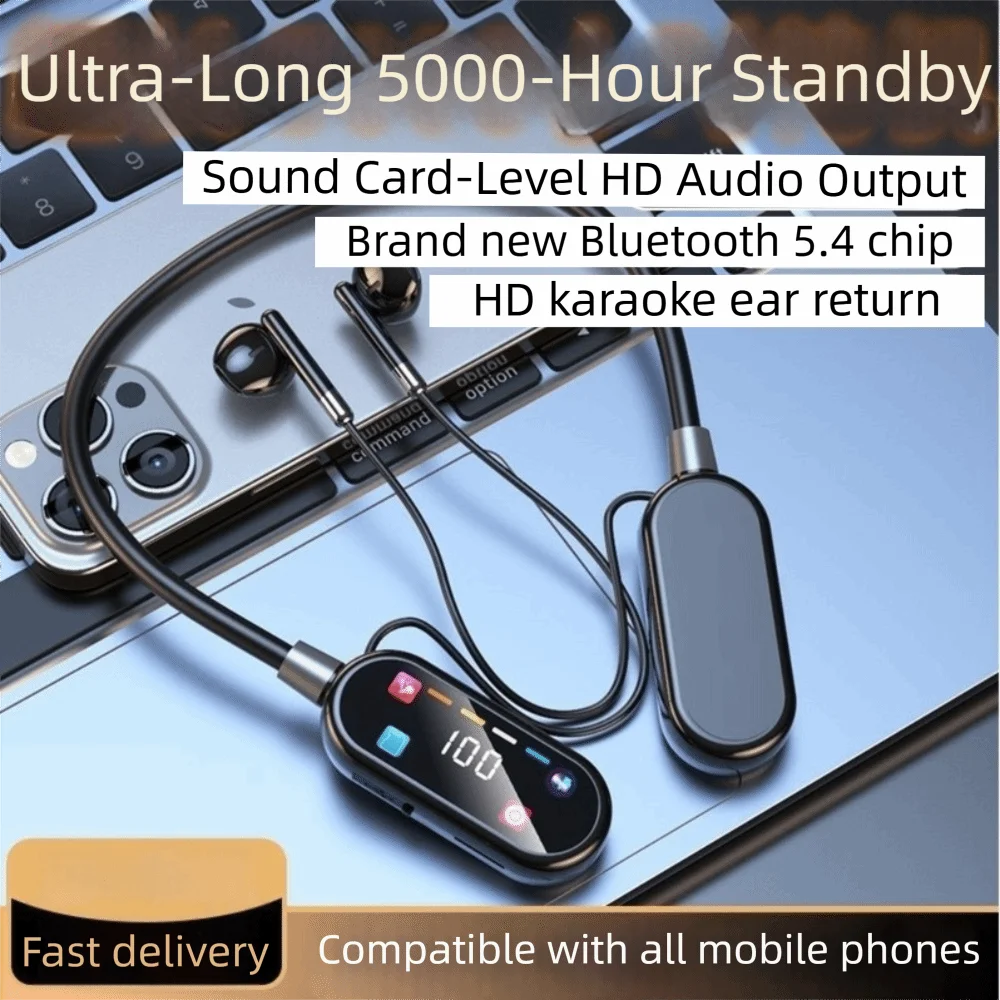Wireless Wireless Earphones Long Battery Life HiFi Stereo Neckband Headphones LED Display Screen Noise Reduction