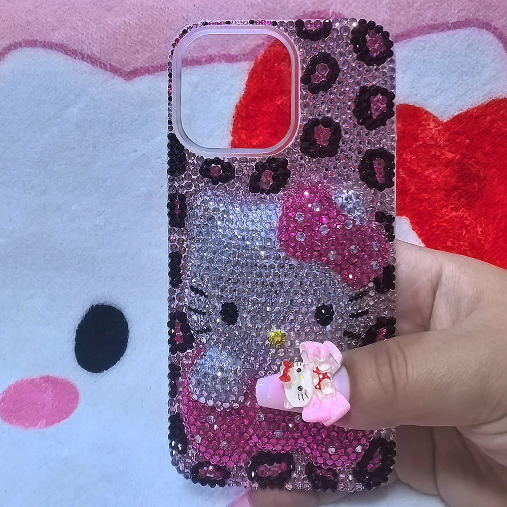 Kawaii Hello Kitty Rhinestone Bling Crystal Phone Case Chain for Iphone 7 8 17 16 15 14 13 12 11Pro Max Plus Shockproof Cover