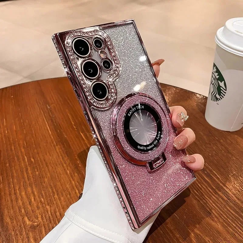 Magnetic Glitter Diamond Gradient Case For Samsung Galaxy S26 S25 S24 S23 Ultra Plus For Magsafe Stand Bling Bracket Cases Cover