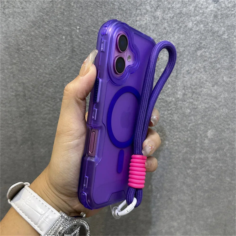 Luxury Armour Matte For Magsafe Phone Case For iPhone 17 11 14 12 13 15 16Pro Max Colourful Wrist Strap Lanyard Shockproof Cover