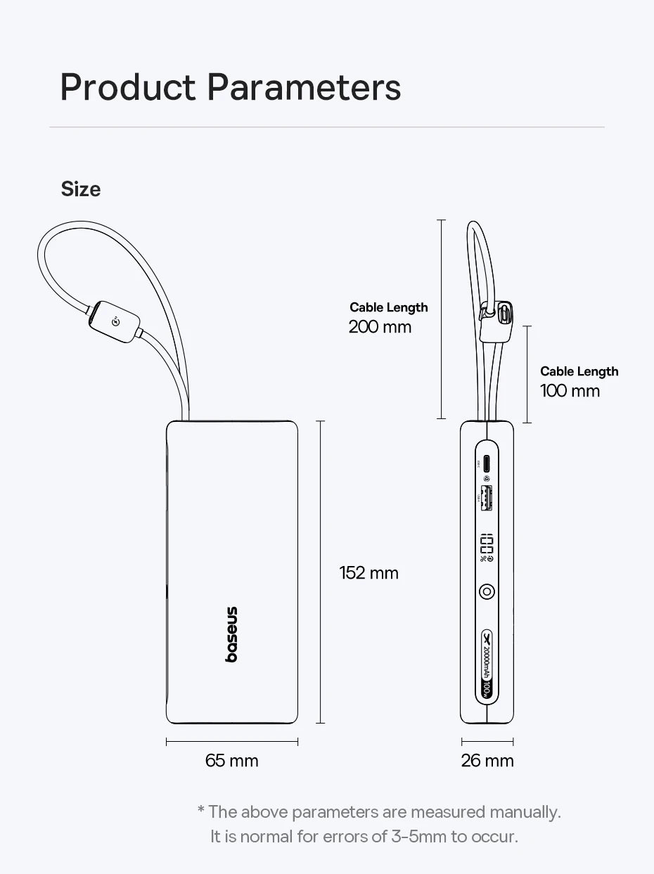 Baseus 20000mAh 100W Power Bank Built-In Dual USB-C Cable Fast Charging Digital Display Power Bank For iPhone 17 Pro Max Samsung