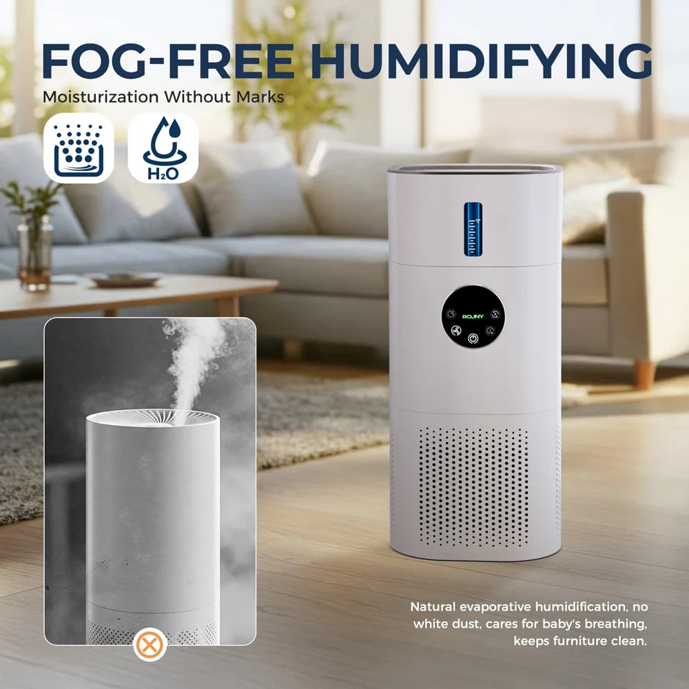 2-in-1 Air Purifier with Humidifier Combo for Home Allergies and Pets Hair, Smokers in Bedroom, H13 True HEPA Filter，White