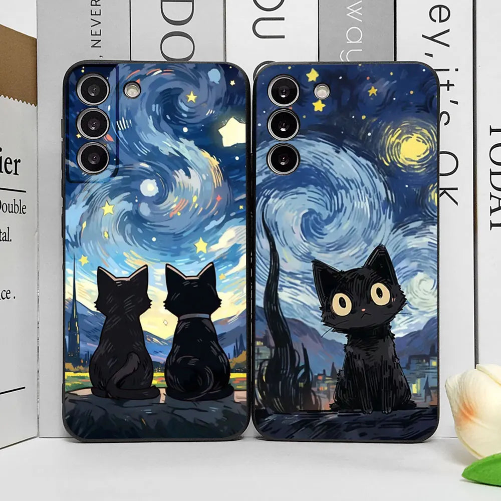 Artistic Black Cat Starry Night Soft TPU Phone Case For Samsung Galaxy S23 S24 S25 Ultra S22 S21 S20 Plus FE A15 A54 A55 Cover