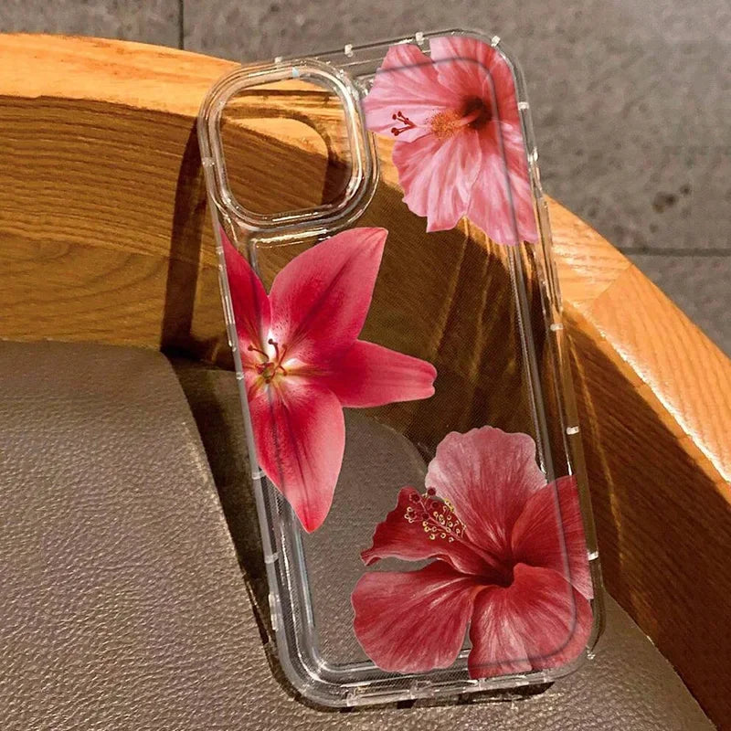 Cherry Flower Print Transparent Case For iPhone 17 16 Pro Max 15 14 13 11 12 16e Case Funda iPhone11 14 Plus X XR XS Case Cover