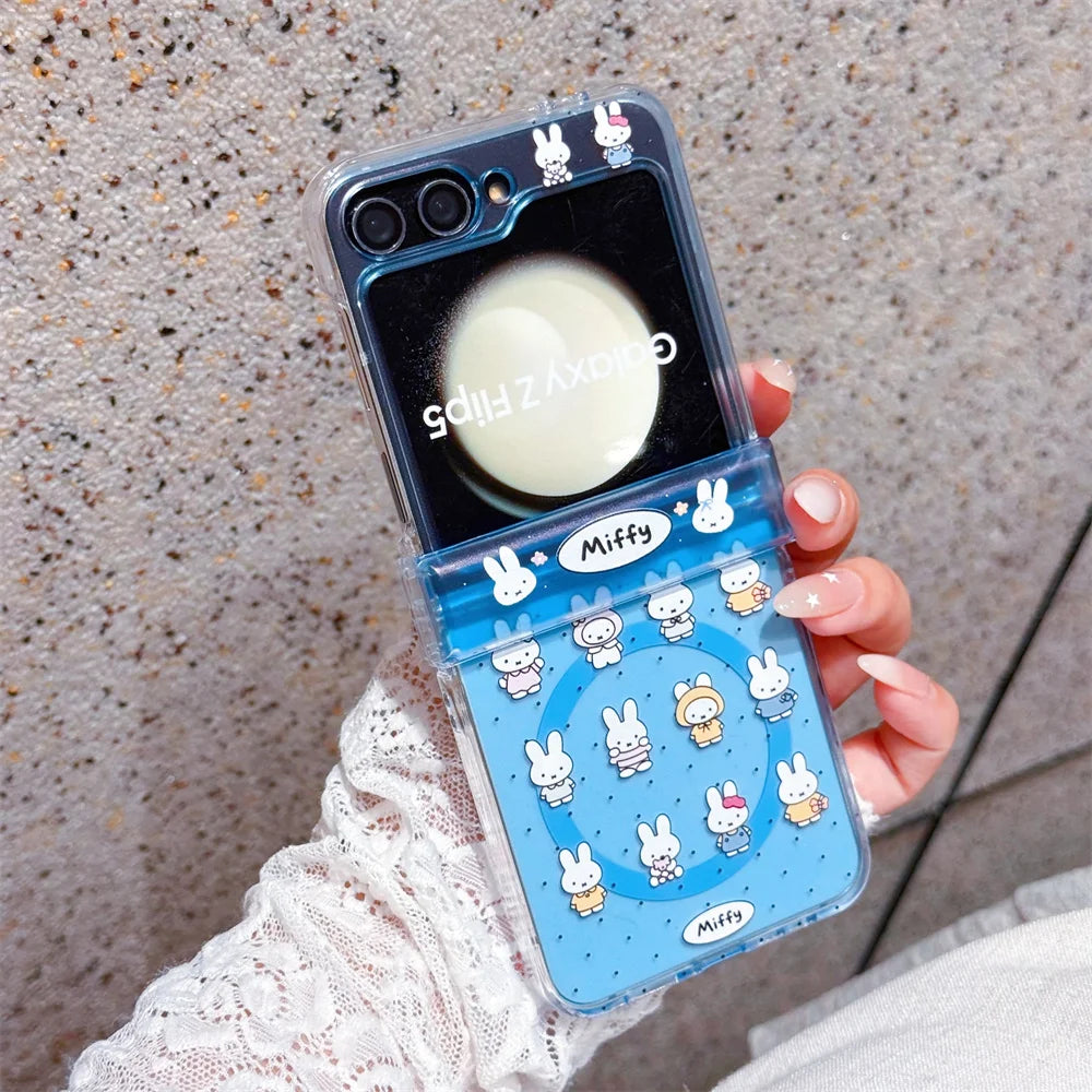 Cute polka dots Miffy Clear Folding Phone Case For Samsung Z Flip 8 7 6 5 4 3 flower Cartoon Miffy protect Cover Wrist Strap﻿﻿﻿﻿