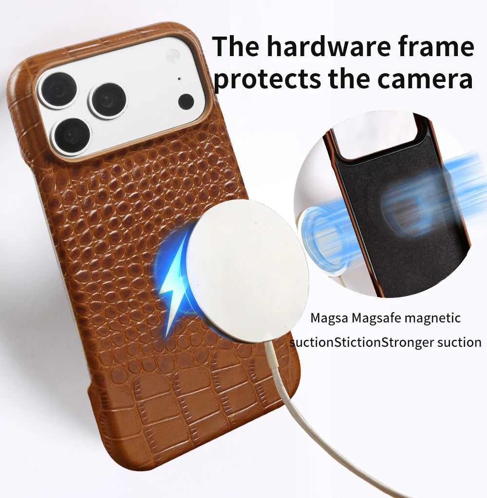 Real Leather Case Crocodile Pattern For iPhone 17 Pro max Air 16 pro 15 14 13 12 11 Luxury Wireless charging Protective Cover
