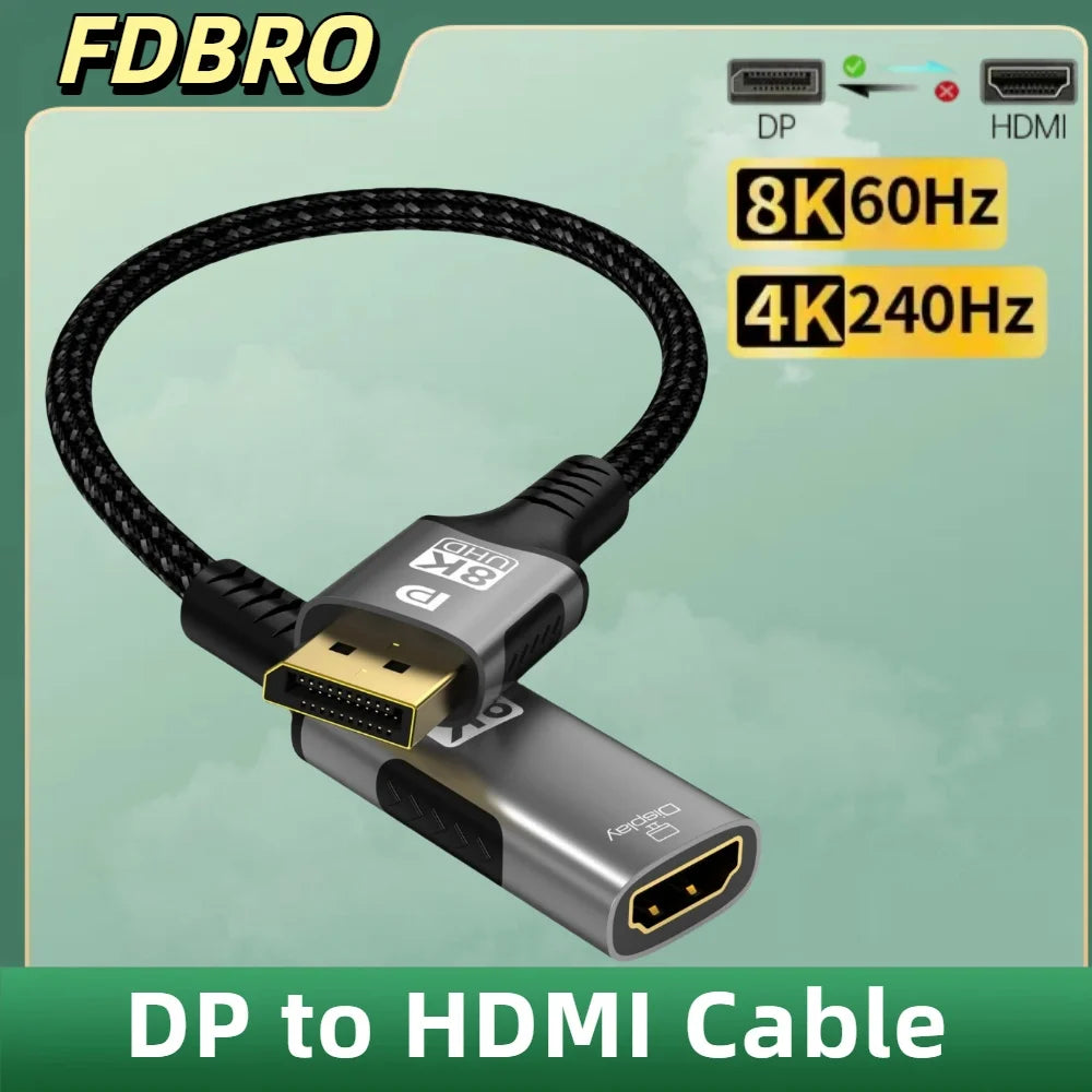 8K DP to HDMI Adapter Cable Male to Female 8K@60Hz 4K@120Hz Supports DP to HDMI unidirectional transmission For PC Laptop TVs