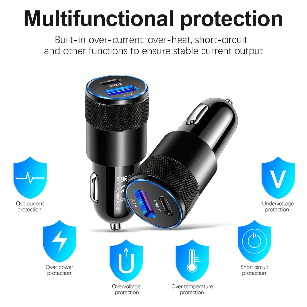 66W 3.1A USB Car Charger Type C Fast Charging Adapter For Xiaomi Huawei iPhone PD Charger Car Adapter Socket Cigarette Lighter