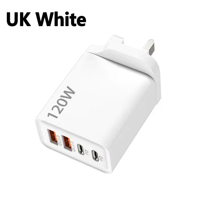 120W 4-Ports USB Type-C Charger Fast Charging Data Cable USB Phone Charger Adapter For Xiaomi IPhone17 16 15 Huawei Wall Charger