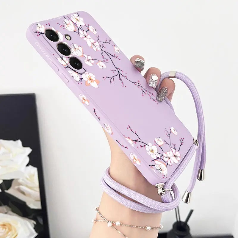 S24 Delicate Flowers Lanyard Silicone Phone Case For Samsung S24 S24Plus S21 S21FE S23FE S23Plus S22Ultra S20FE S24Ultra Cover