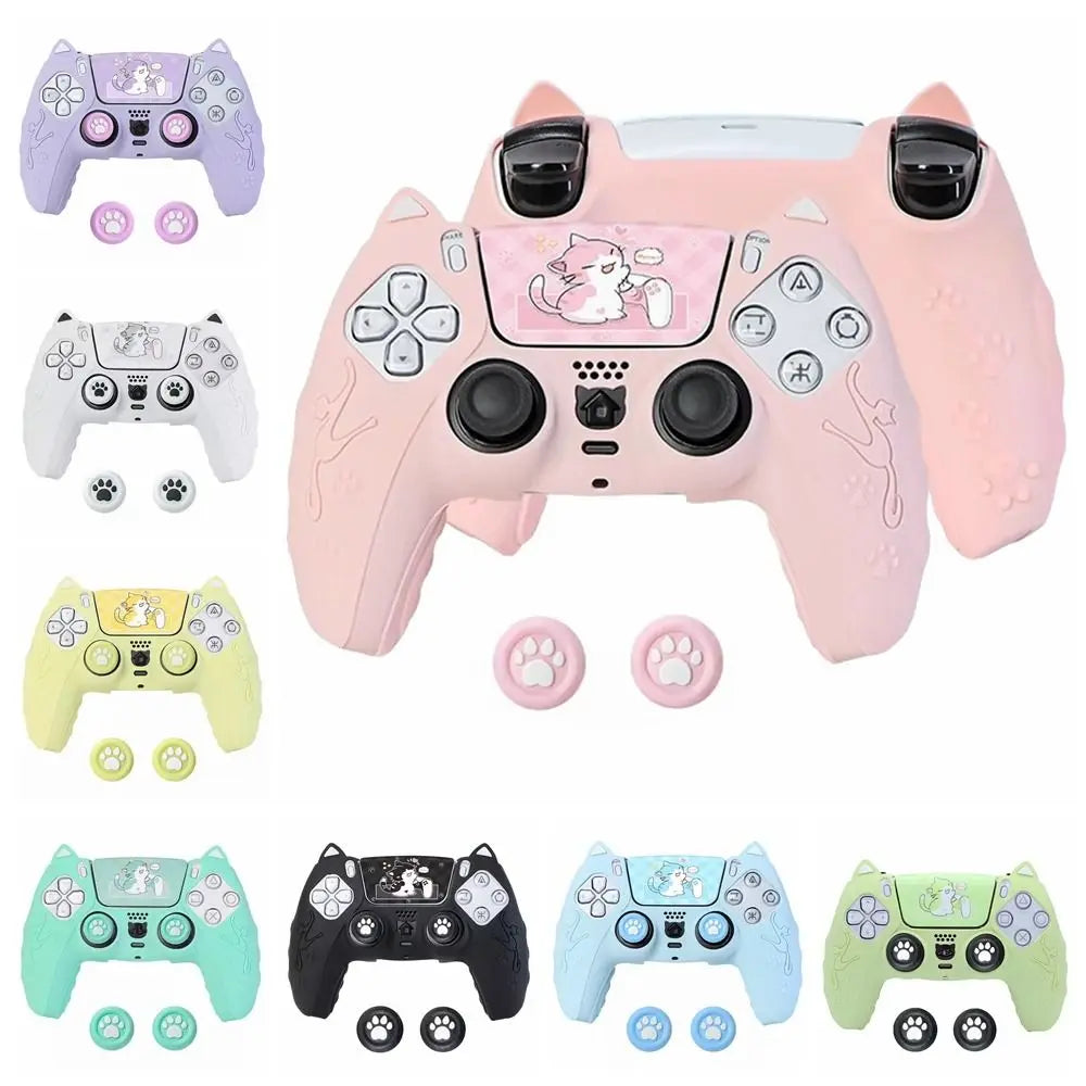 Silicone Controller Case Set Cat Paw with Sticker Controller Skin with Thumb Grip Caps Anti-slip Protective Shell Cover for PS5