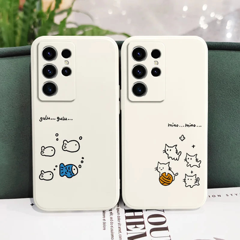 Cute Line Cat Phone Case For Samsung Galaxy S25 S24 S23 S22 S21 S20 S10 S10E Ultra Plus FE Note 20 Ultra 10 Plus Cover